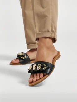 Black Flat Sandal with Chain Detail