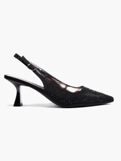 Black Gem Trimmed Slingback Kitten Heel