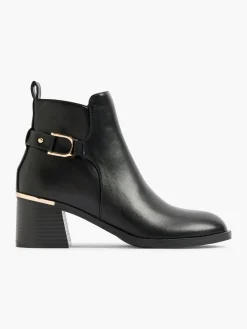 Black Heeled Ankle Boot with Gold Details