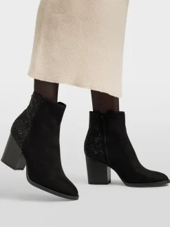 Black Heeled Chelsea Boot with Gem Details