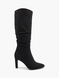Black Heeled Ruched Long Leg Boot