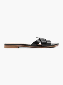 Black Interwoven Strapped Slip On Flat Sandal