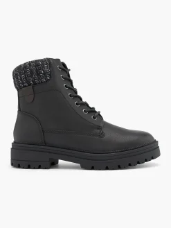 Black Knitted Collar Zip Up Biker Boot