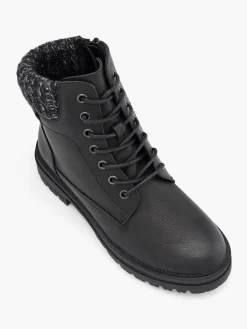 Black Knitted Collar Zip Up Biker Boot