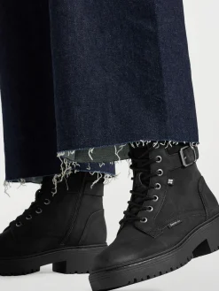Black Lace Up Biker Boot with Buckle Detailing