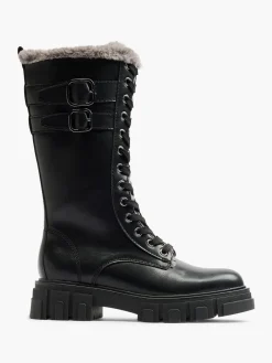 Black Lace Up Faux Fur Lined Long Leg Biker Boot