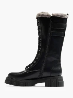 Black Lace Up Faux Fur Lined Long Leg Biker Boot