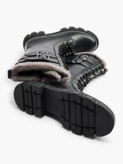 Black Lace Up Faux Fur Lined Long Leg Biker Boot