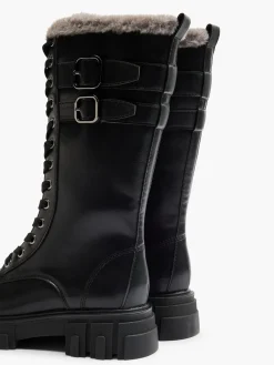 Black Lace Up Faux Fur Lined Long Leg Biker Boot