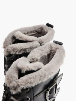 Black Lace Up Faux Fur Lined Long Leg Biker Boot