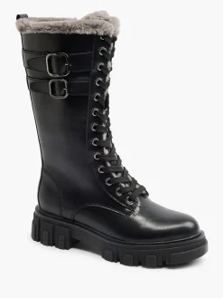 Black Lace Up Faux Fur Lined Long Leg Biker Boot