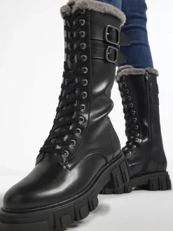 Black Lace Up Faux Fur Lined Long Leg Biker Boot