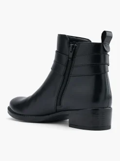 Black Leather Ankle Boot with Buckle Strapped Detail