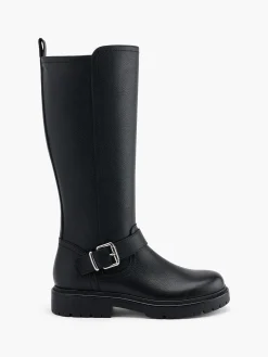 Black Leather Chunky Soled Long Leg Boot with Buckle Detailed