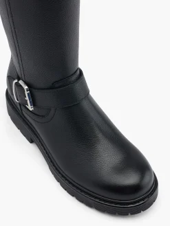Black Leather Chunky Soled Long Leg Boot with Buckle Detailed