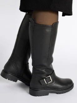 Black Leather Chunky Soled Long Leg Boot with Buckle Detailed