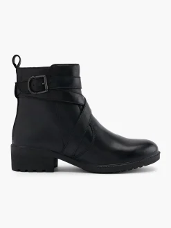 Black Leather Cross Strapped Detail Ankle Boot