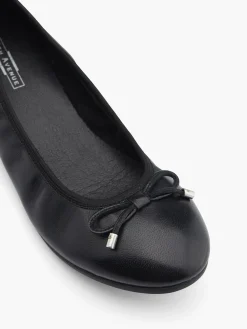 Black Leather Elasticated Lined Ballerina with Bow Detail