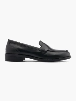 Black Leather Flat Plain Front Loafer