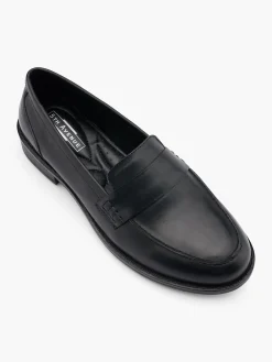 Black Leather Flat Plain Front Loafer