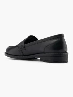Black Leather Flat Plain Front Loafer