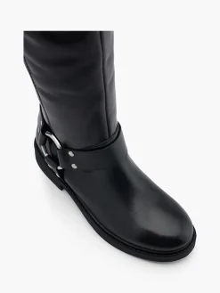 Black Leather Knee High Boot with Harness Detail