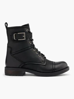 Black Leather Lace Up Biker Boot with Buckle Strap