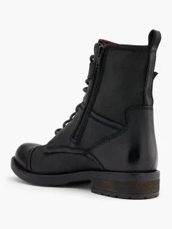 Black Leather Lace Up Biker Boot with Buckle Strap