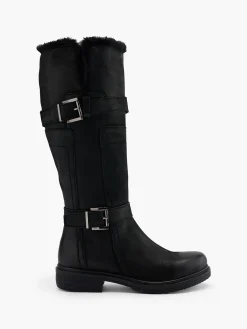 Black Leather Long Leg Faux Fur Lined Boot with Double Buckle Detail