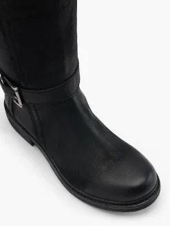 Black Leather Long Leg Faux Fur Lined Boot with Double Buckle Detail