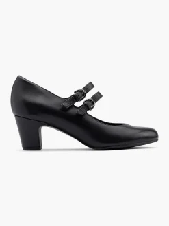 Black Leather Mary Jane Double Strapped Court Shoe