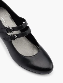 Black Leather Mary Jane Double Strapped Court Shoe