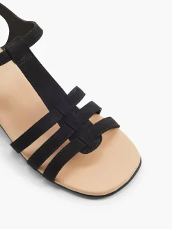 Black Leather Multi Strap Sandals with Block Heel