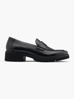 Black Leather Plain Front Flat Loafer