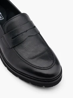 Black Leather Plain Front Flat Loafer