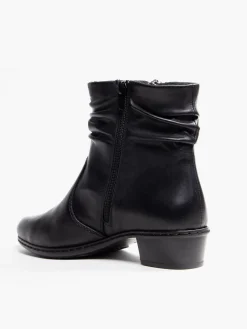 Black Leather Ruched Ankle Boot