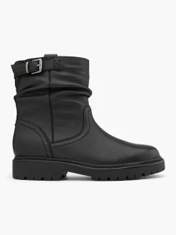 Black Leather Slouchy Ankle Boot with Buckle Detail