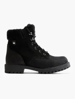 Black Leather Suede Faux Fur Lined Lace Up Boot