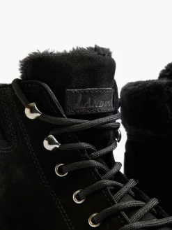 Black Leather Suede Faux Fur Lined Lace Up Boot