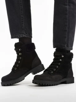 Black Leather Suede Faux Fur Lined Lace Up Boot