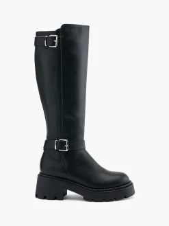 Black Long Leg Chunky Boot with Double Buckle Detail