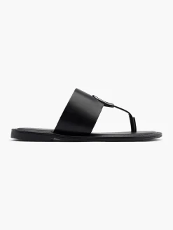 Black Metal Ring Toe Thong Flat Sandal