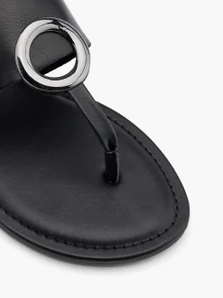 Black Metal Ring Toe Thong Flat Sandal