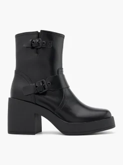 Black Platform Block Heel Biker Boot with Double Buckle Detail