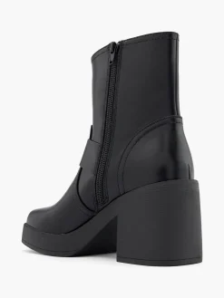 Black Platform Block Heel Biker Boot with Double Buckle Detail