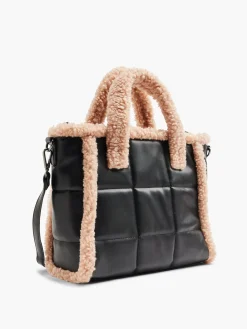 Black Quilted Tote Bag With Contrasting Borg Trim