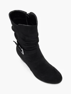 Black Ruched Leg Block Heel Buckle Detailed Boot