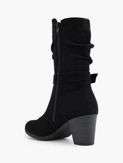 Black Ruched Leg Block Heel Buckle Detailed Boot