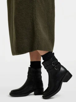 Black Square Toe Double Buckled Ankle Boot
