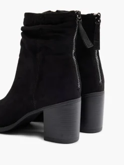 Black Suede Ruched Detailed Block Heeled Boot